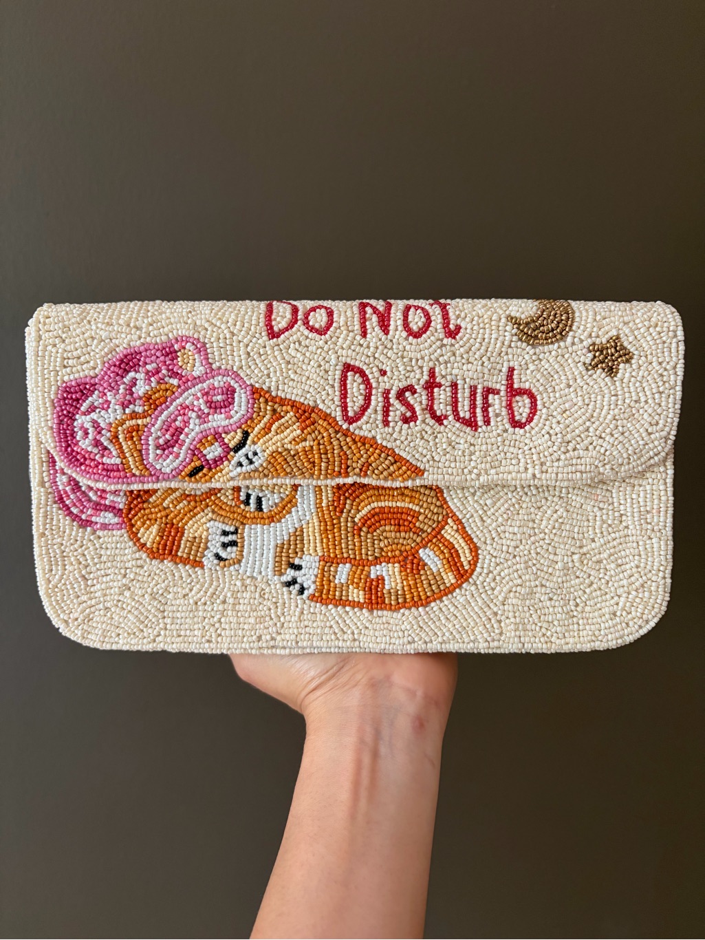 Beaded 'Do Not Disturb' Cat Clutch - Cream & Orange